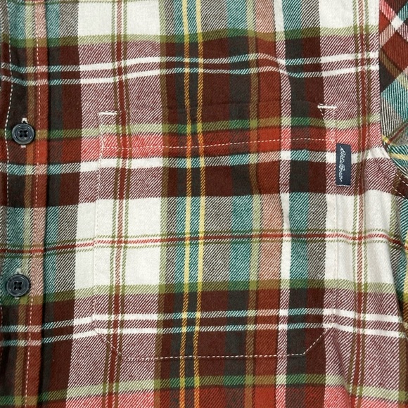 Men's Eddie Bauer Small Soft Flannel Shirt Plaid Orange Green Long Sleeve Pocket - Picture 7 of 10